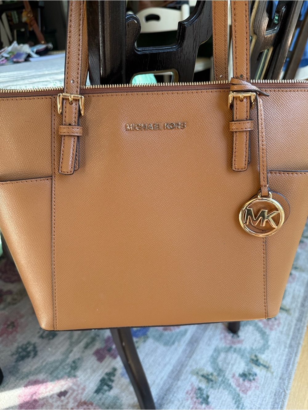Michael Kors Tan Saffiano Leather Tote with Gold MK Charm